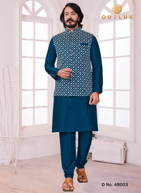 Teal Blue Colour New Latest Party Wear Kurta Pajama With Jacket Mens Collection 48003